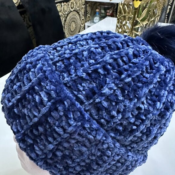 Handmade Blue Velvet Knit Beanie with Pom Pom Soft Winter Hat main image 7